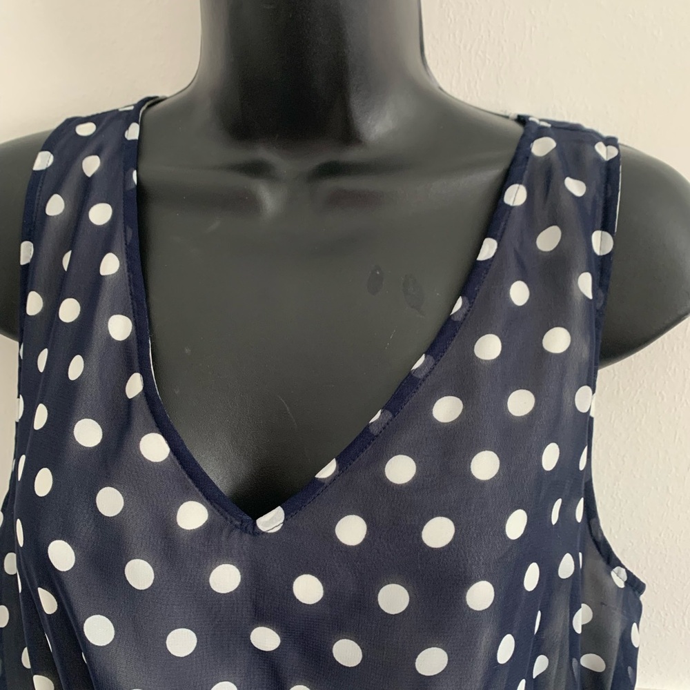 Vintage Inspired-Kismet Navy and White Polka Dot Sleeveless Midi Dress - Picture 6 of 11